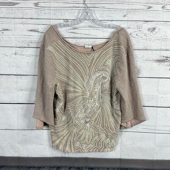 Akemi + Kin Tops - Akemi + Kin Top Shirt Womens Medium‎ Knit Beaded Bird Metallic Embroidered Boxy